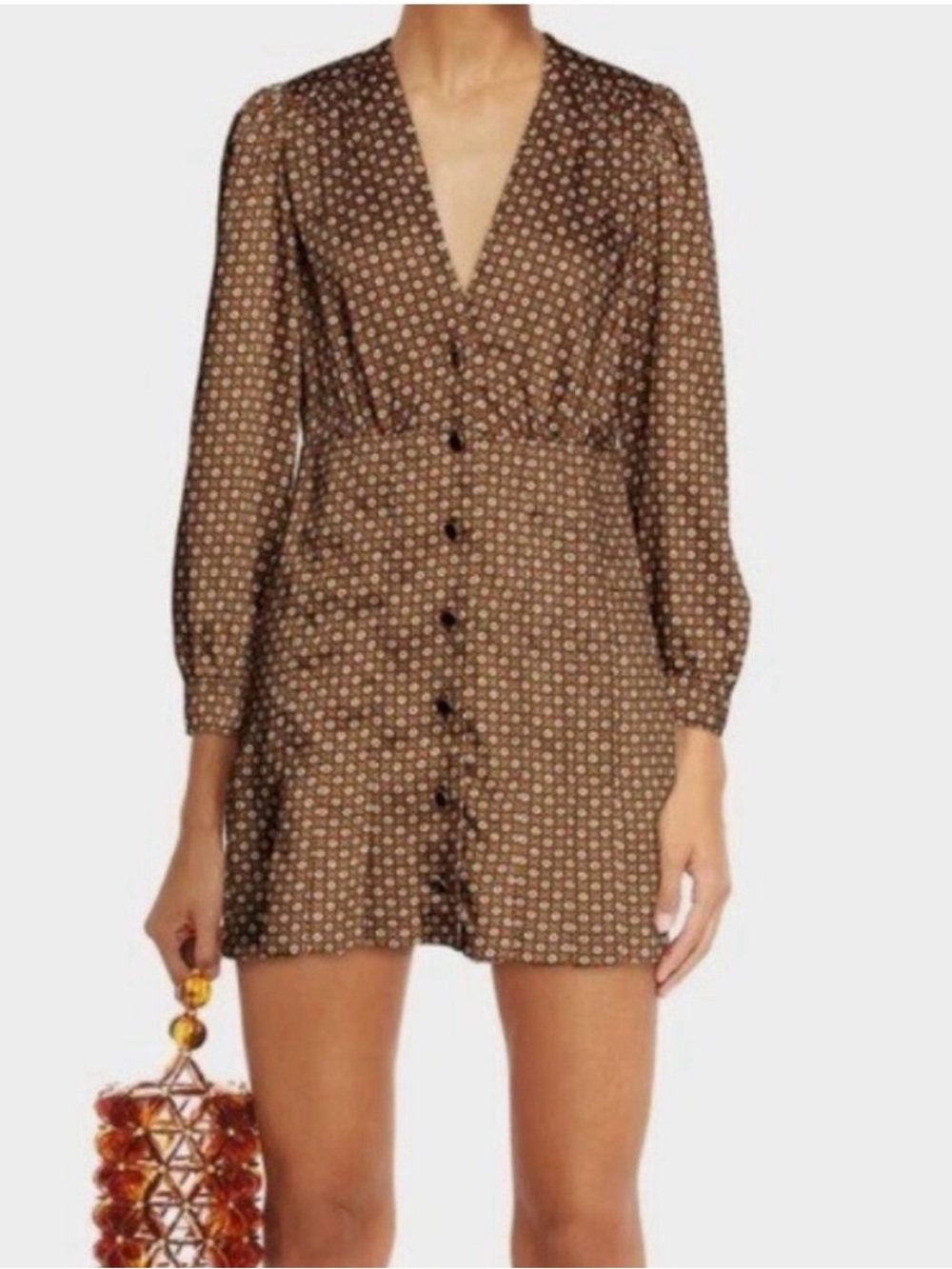 Sandro Brown Printed V-Neck Button-Front Mini Dress